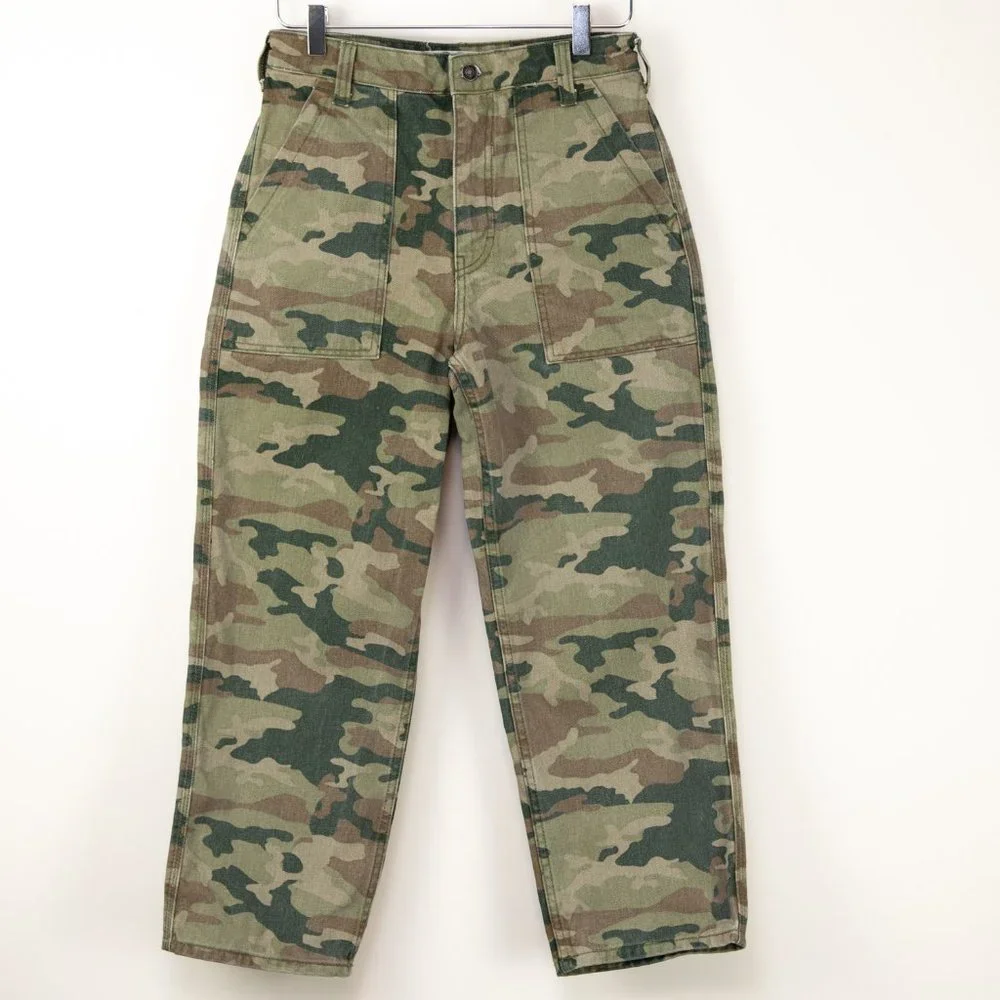 Free People Remi Camo Pant High Waist Cotton Camouflage Cropped Green Size 28